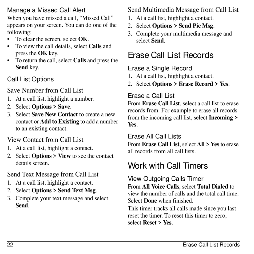 Kyocera S1310 manual Erase Call List Records, Work with Call Timers 