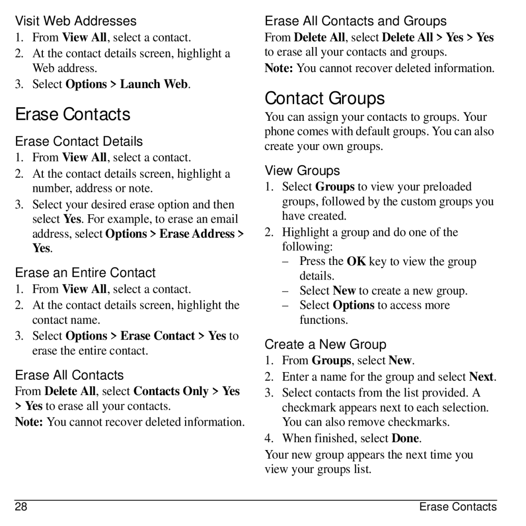 Kyocera S1310 manual Erase Contacts, Contact Groups 