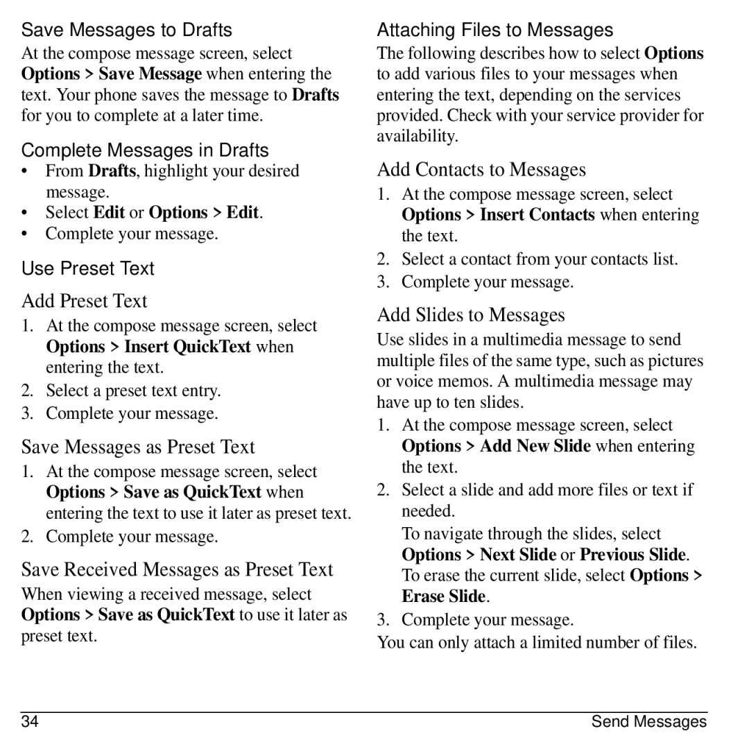 Kyocera S1310 manual Save Messages to Drafts, Complete Messages in Drafts, Use Preset Text, Attaching Files to Messages 