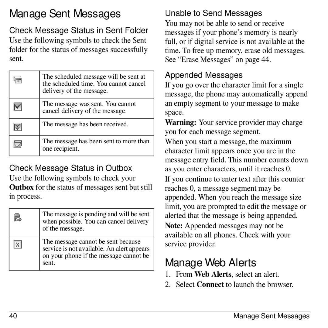 Kyocera S1310 manual Manage Sent Messages, Manage Web Alerts 