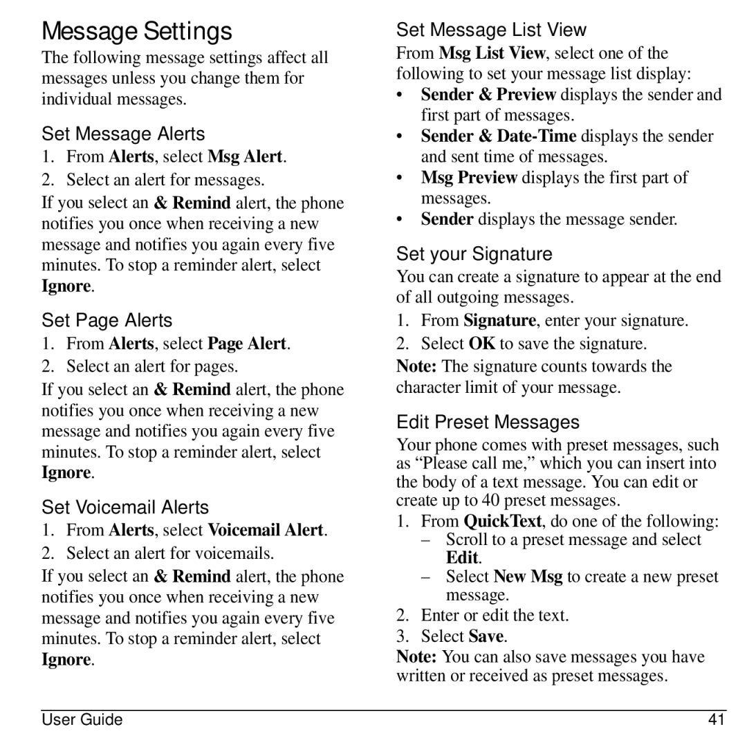 Kyocera S1310 manual Message Settings 