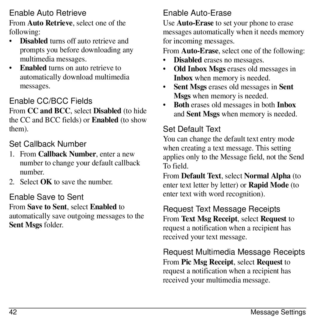 Kyocera S1310 Enable Auto Retrieve, Enable CC/BCC Fields, Set Callback Number, Enable Save to Sent, Enable Auto-Erase 