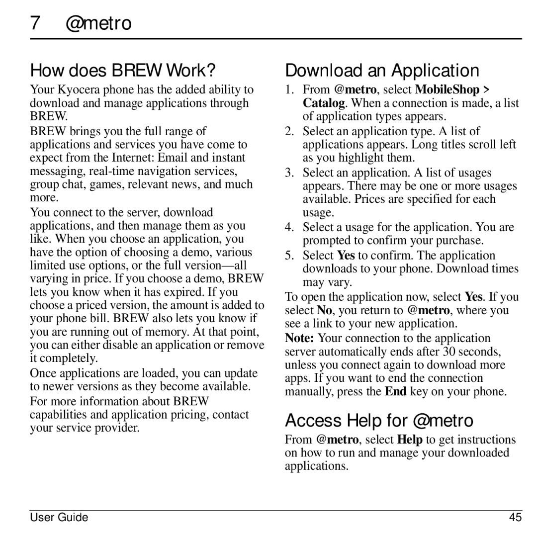 Kyocera S1310 manual How does Brew Work?, Download an Application, Access Help for @metro 