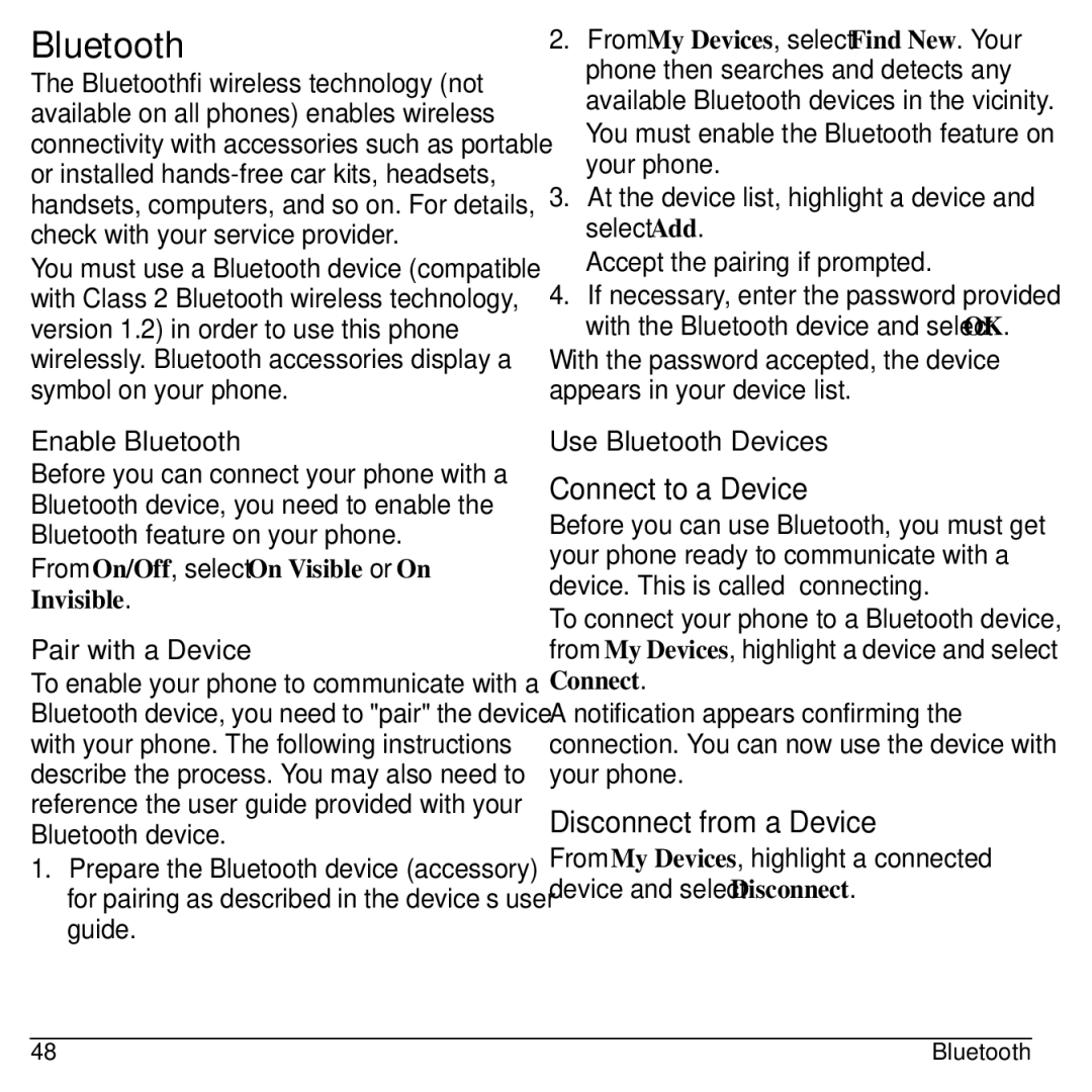 Kyocera S1310 manual Enable Bluetooth, Pair with a Device, Use Bluetooth Devices 