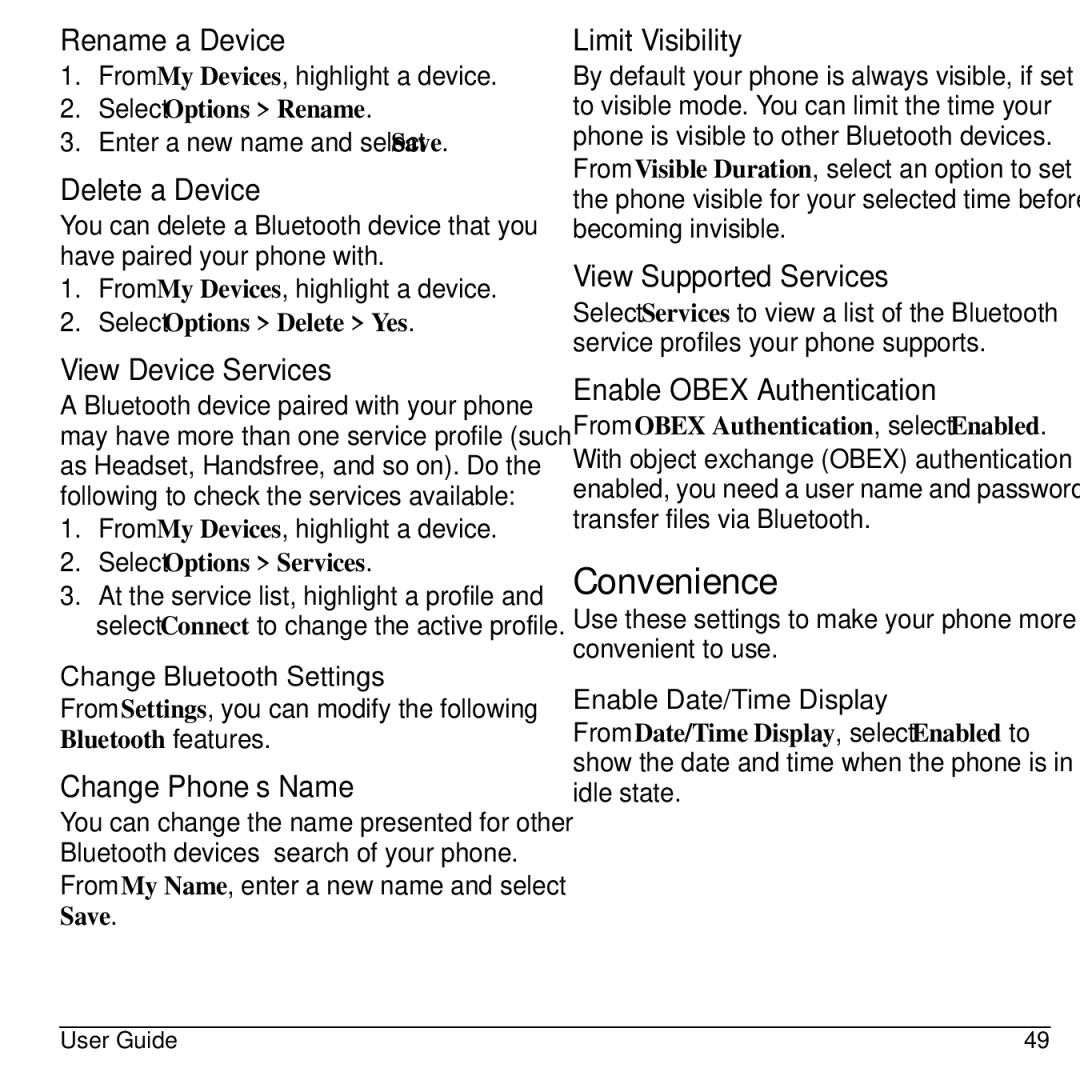 Kyocera S1310 manual Convenience, Change Bluetooth Settings, Enable Date/Time Display 