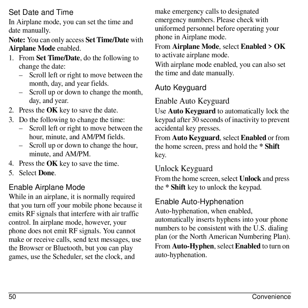 Kyocera S1310 manual Set Date and Time, Enable Airplane Mode, Auto Keyguard, Enable Auto-Hyphenation 