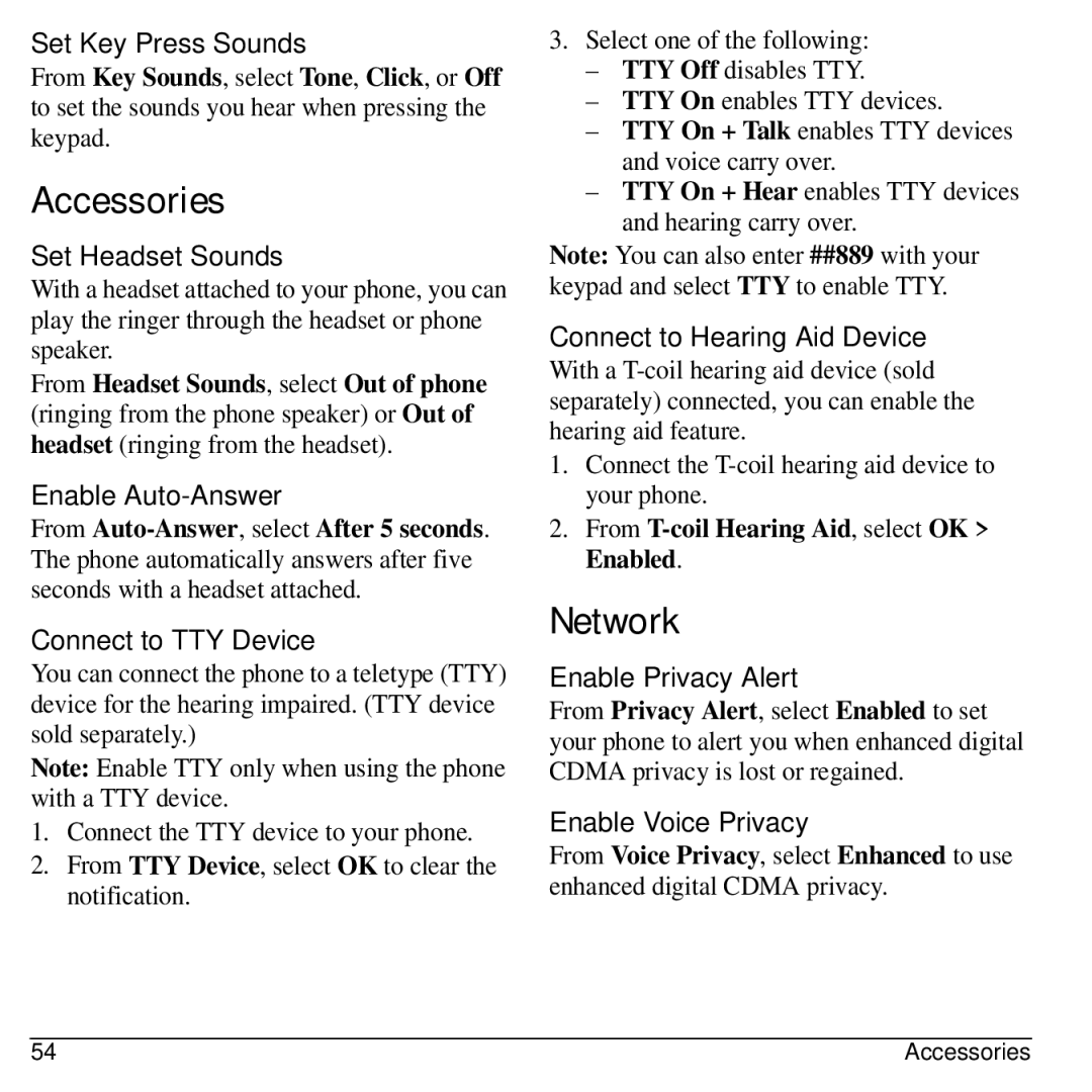 Kyocera S1310 manual Accessories, Network 