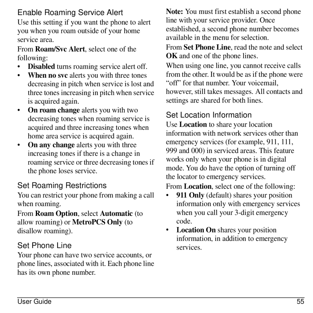 Kyocera S1310 manual Enable Roaming Service Alert, Set Roaming Restrictions, Set Phone Line, Set Location Information 