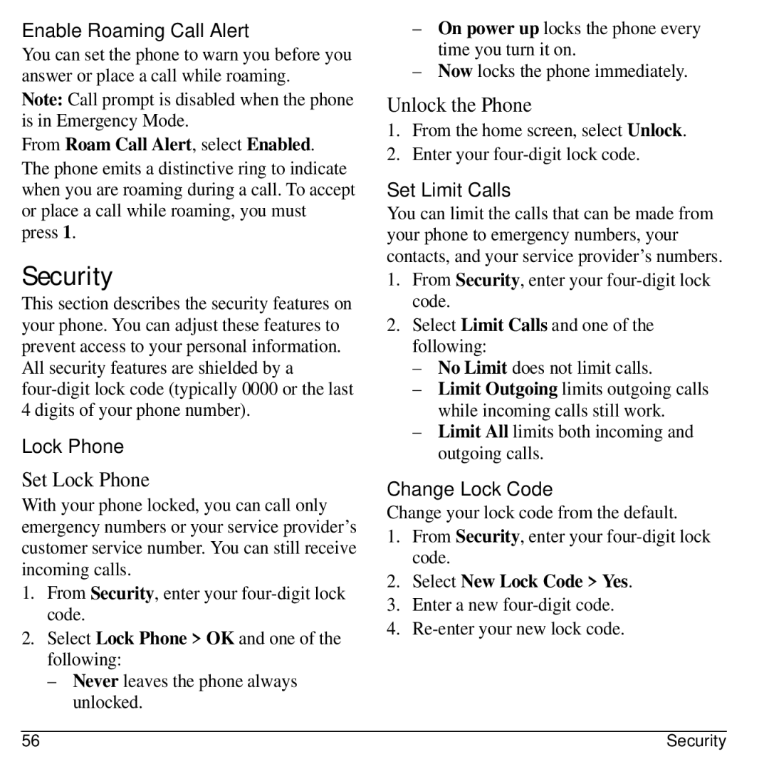 Kyocera S1310 manual Security, Enable Roaming Call Alert, Lock Phone, Set Limit Calls, Change Lock Code 