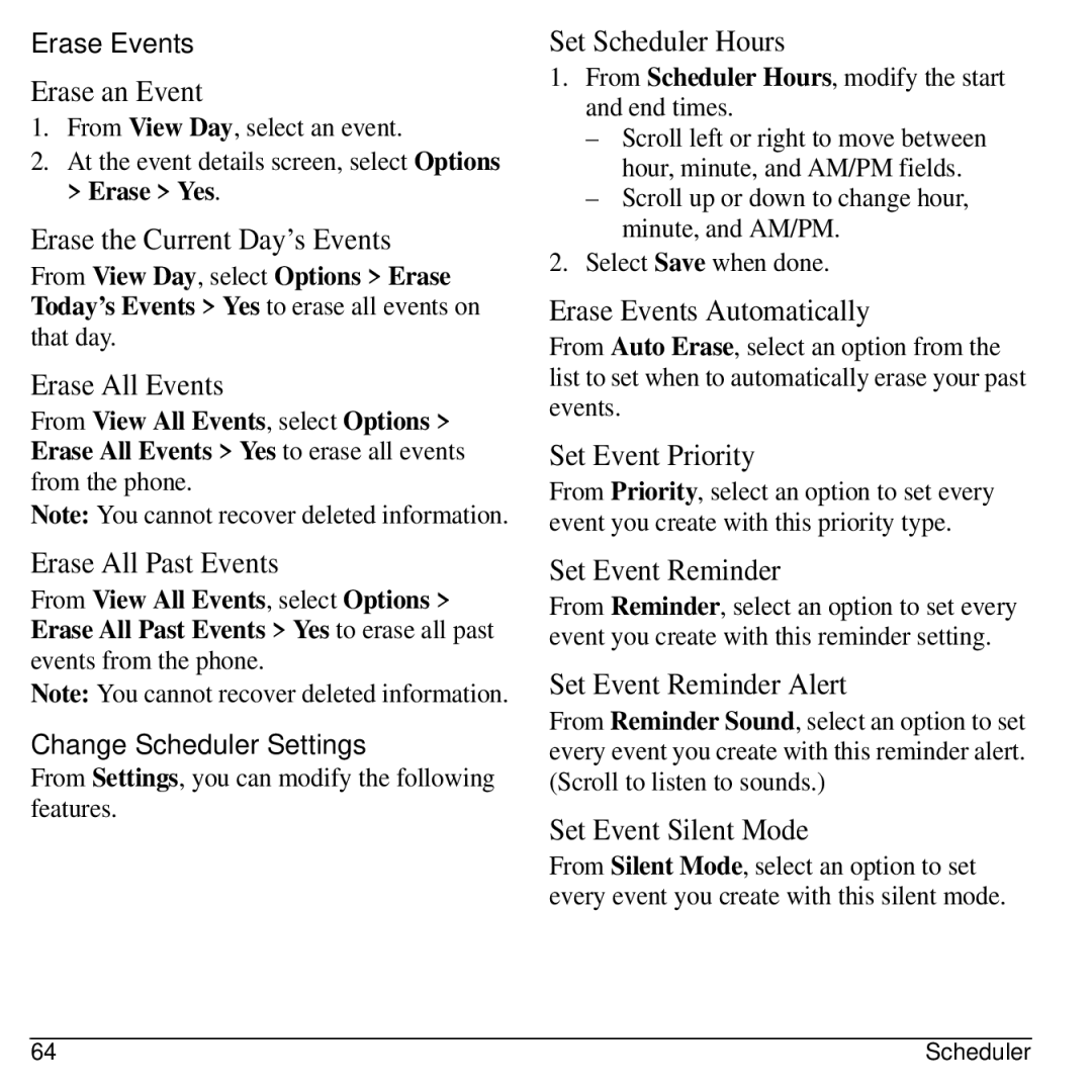 Kyocera S1310 manual Erase Events, Change Scheduler Settings 