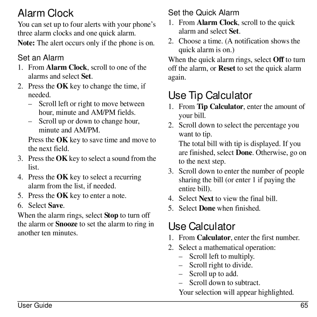 Kyocera S1310 manual Alarm Clock, Use Tip Calculator, Use Calculator, Set an Alarm, Set the Quick Alarm 