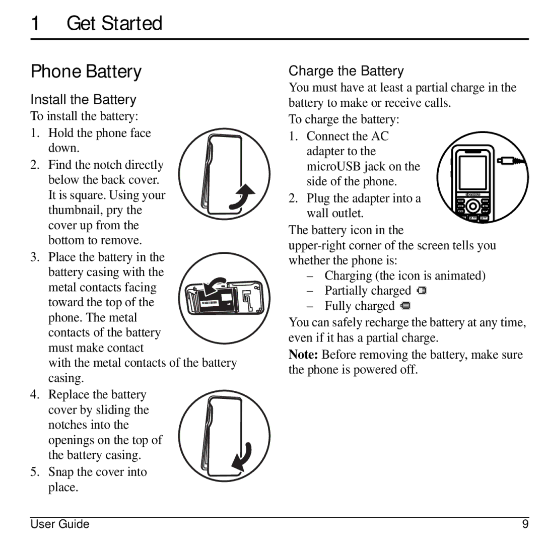 Kyocera S1310 manual Get Started, Phone Battery, Install the Battery, Charge the Battery 