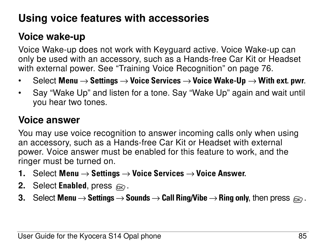 Kyocera S14 manual Using voice features with accessories, Voice wake-up, Voice answer 