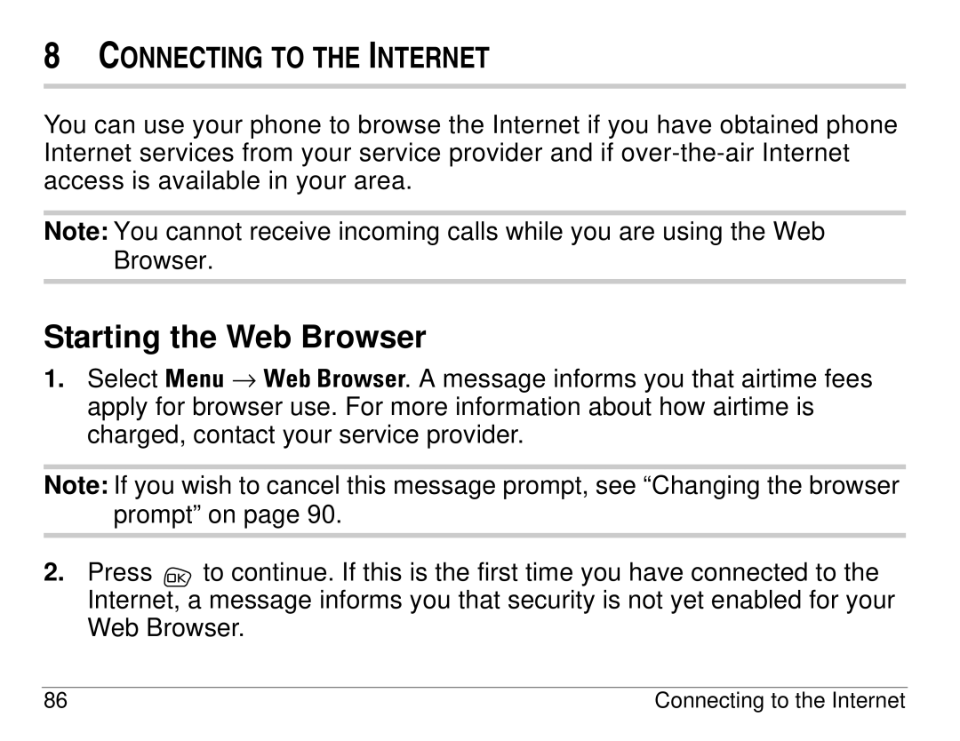 Kyocera S14 manual Starting the Web Browser, Connecting to the Internet 