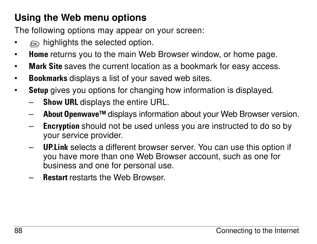 Kyocera S14 manual Using the Web menu options 