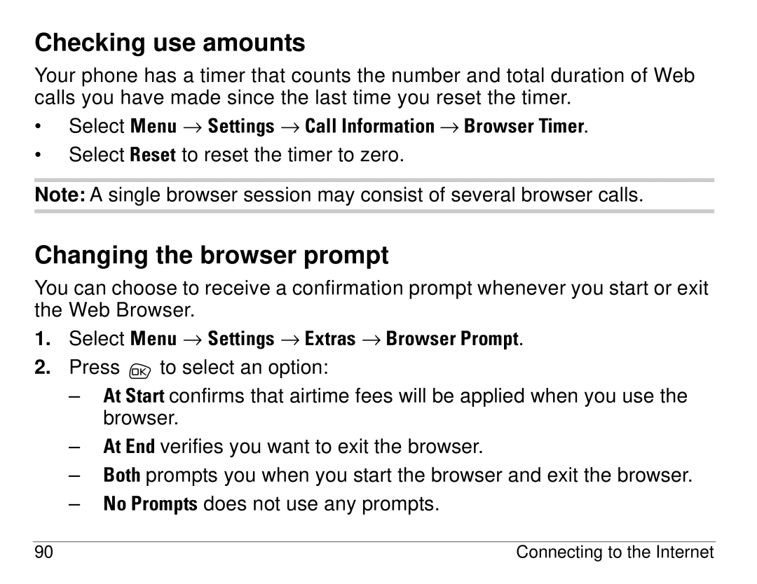 Kyocera S14 manual Checking use amounts, Changing the browser prompt 