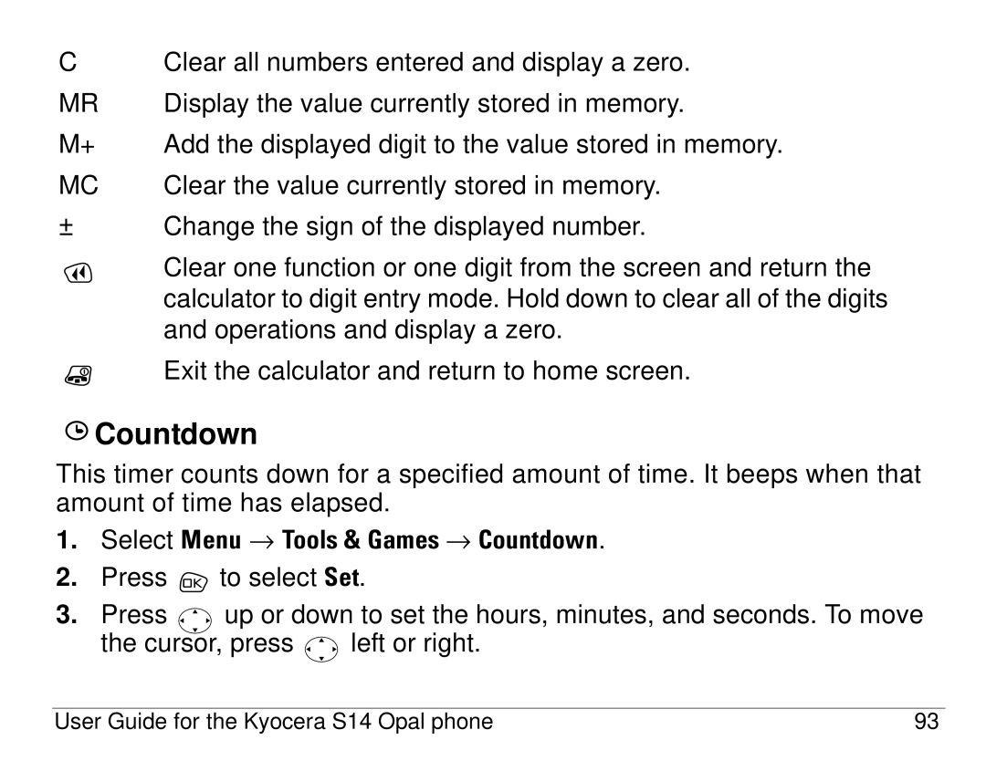 Kyocera S14 manual Countdown 