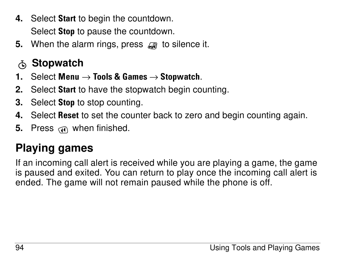 Kyocera S14 manual Playing games, Stopwatch 