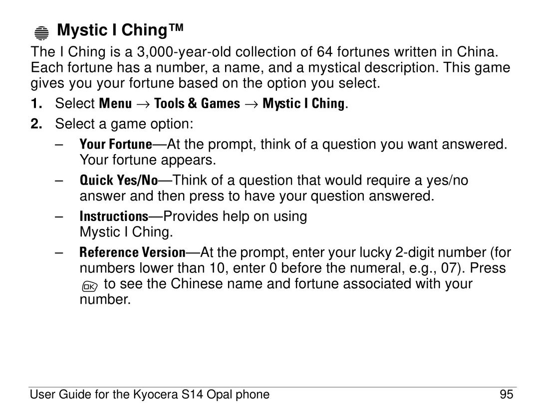 Kyocera S14 manual FåëíêìÅíáçåë-Provides help on using Mystic I Ching 