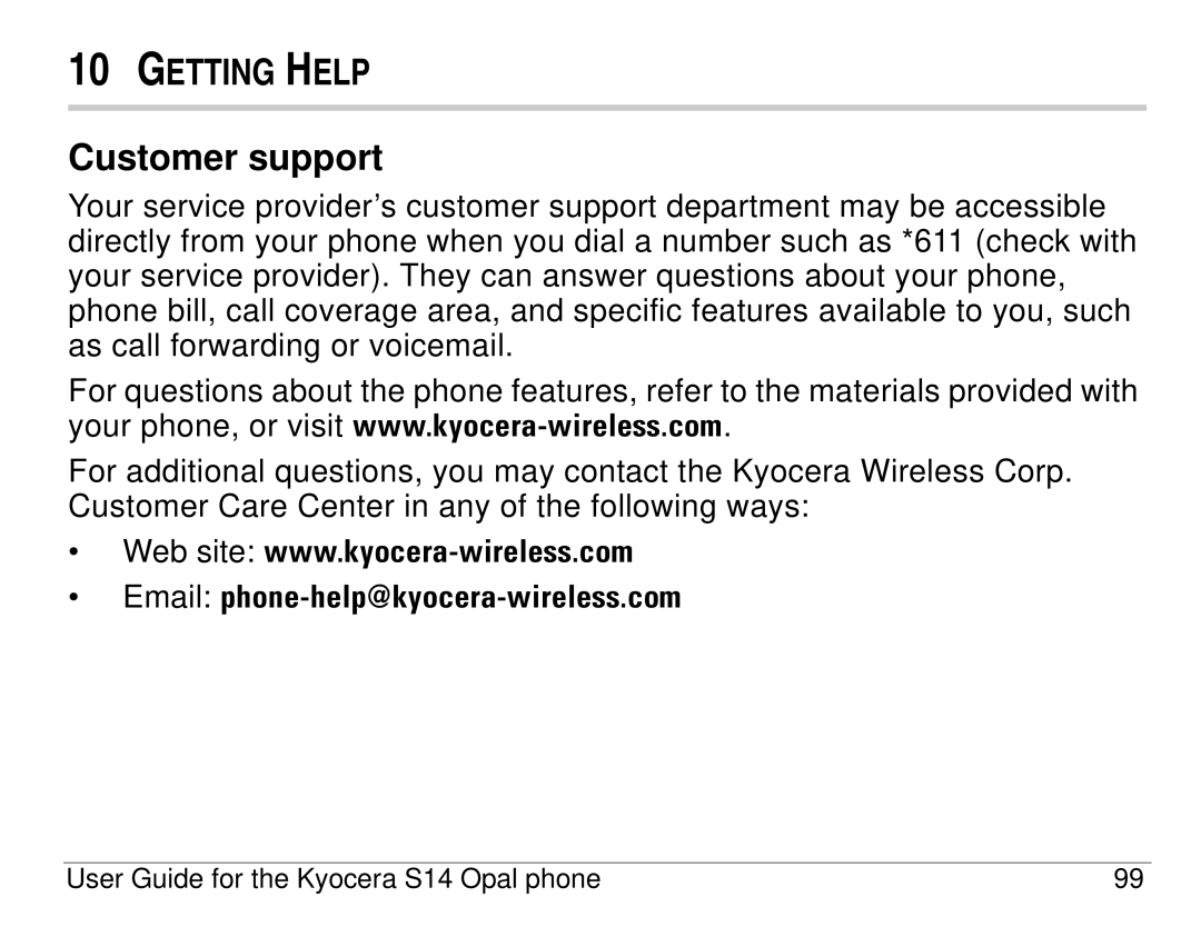 Kyocera S14 manual Getting Help, Customer support 