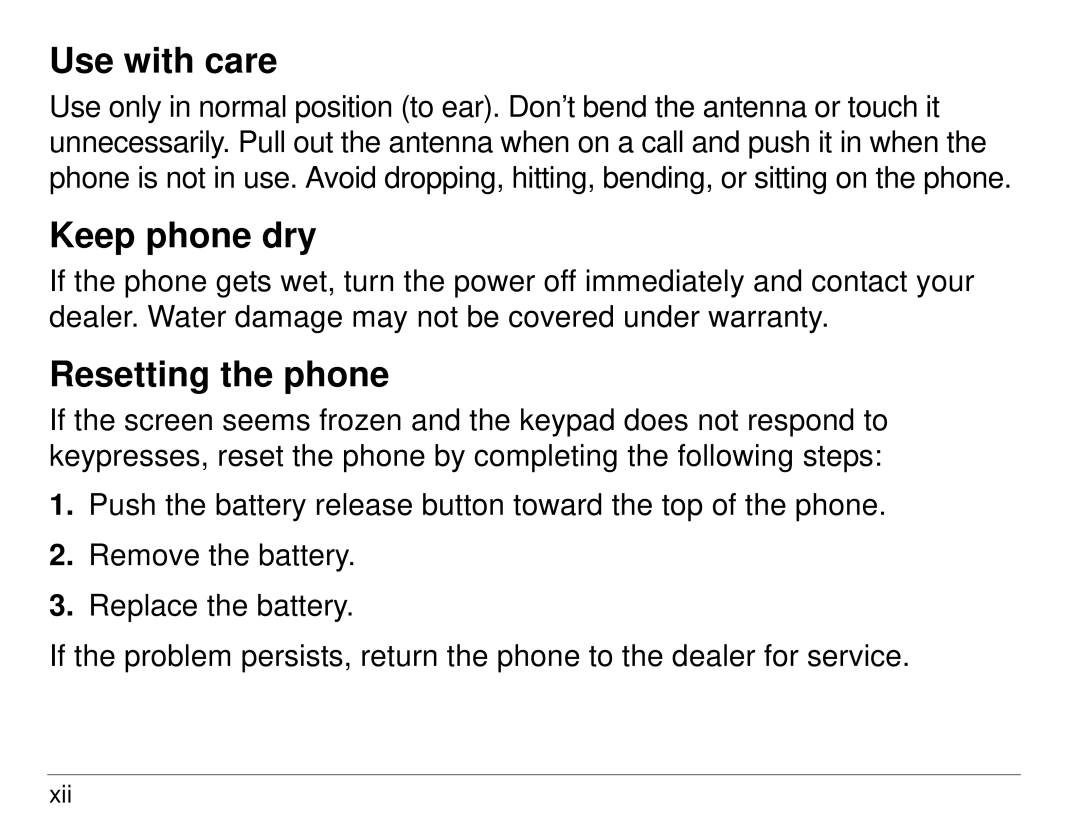 Kyocera S14 manual Use with care, Keep phone dry, Resetting the phone 