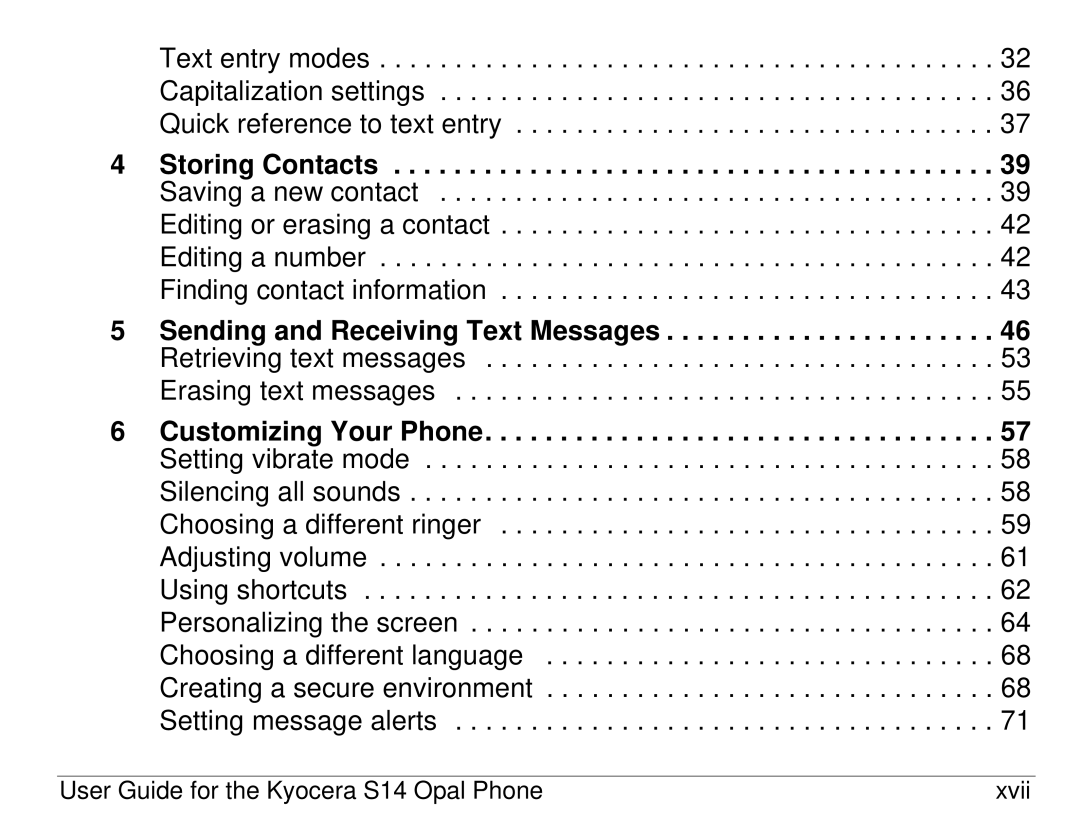 Kyocera manual User Guide for the Kyocera S14 Opal Phone Xvii 