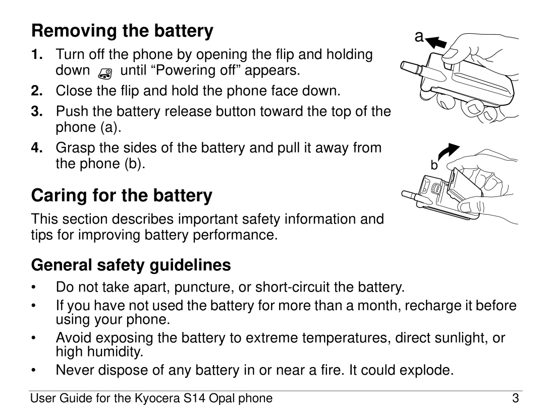 Kyocera S14 manual Removing the battery, Caring for the battery, General safety guidelines 