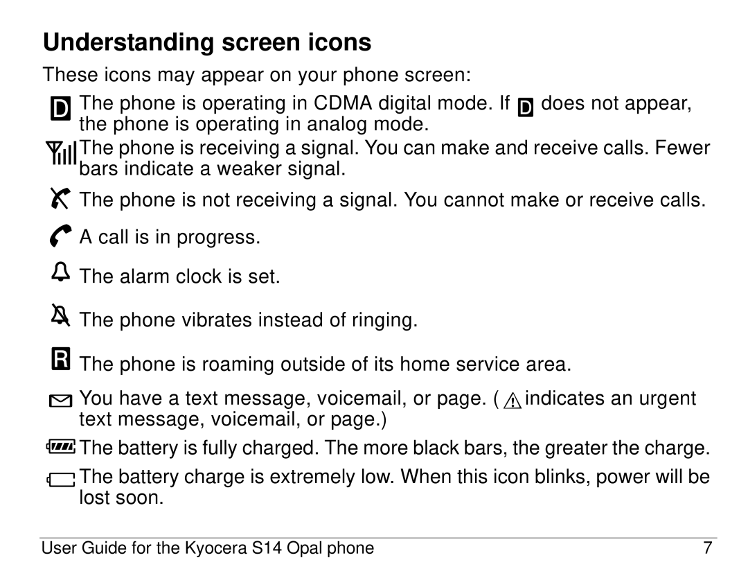 Kyocera S14 manual Understanding screen icons 