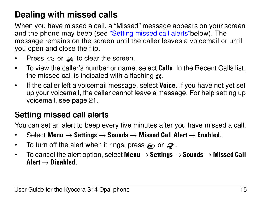 Kyocera S14 manual Dealing with missed calls, Setting missed call alerts 