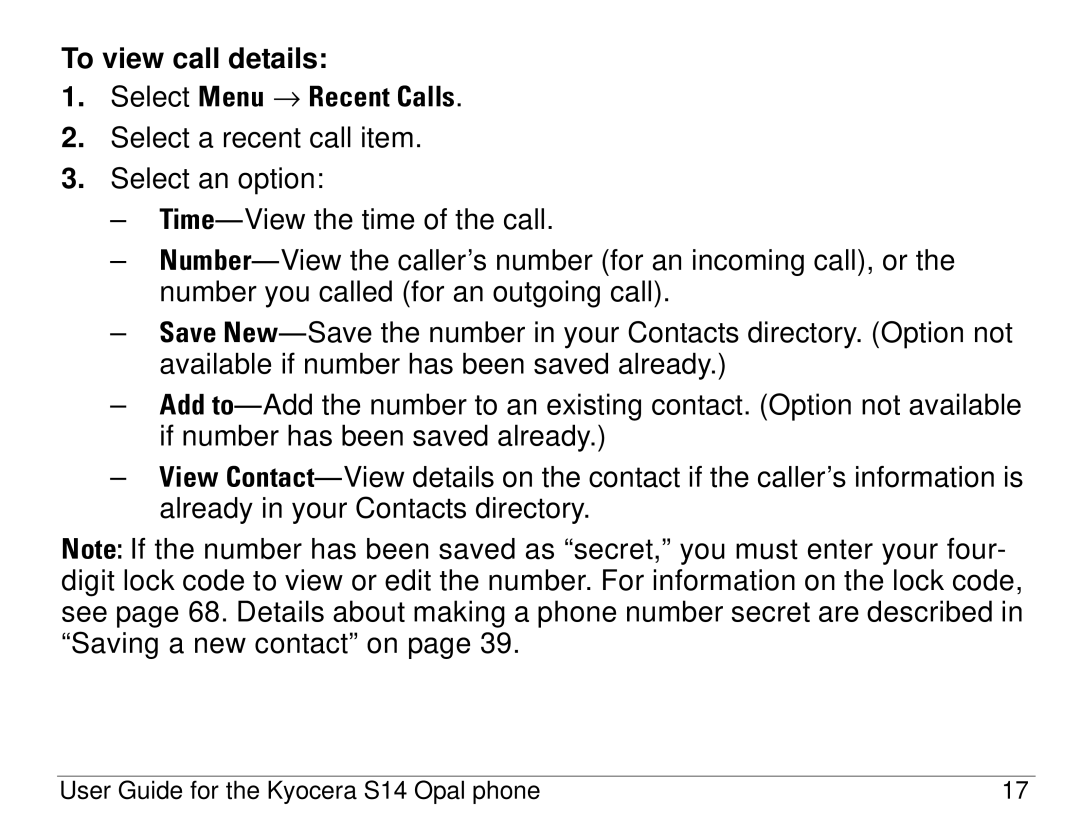 Kyocera S14 manual To view call details 