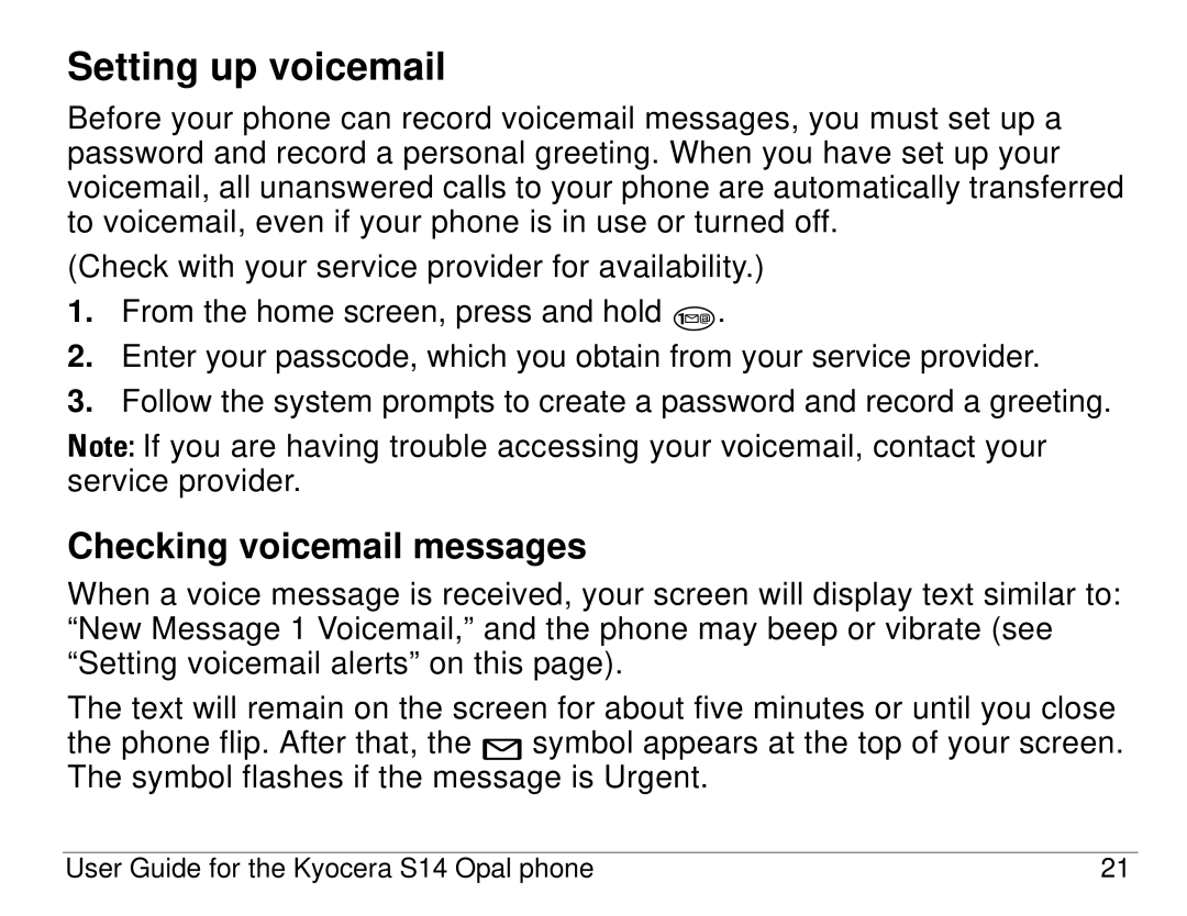 Kyocera S14 manual Setting up voicemail, Checking voicemail messages 