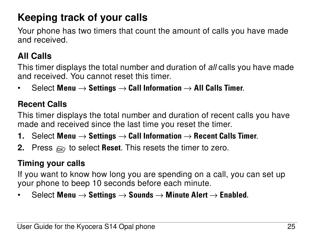 Kyocera S14 manual Keeping track of your calls, All Calls, Recent Calls, Timing your calls 