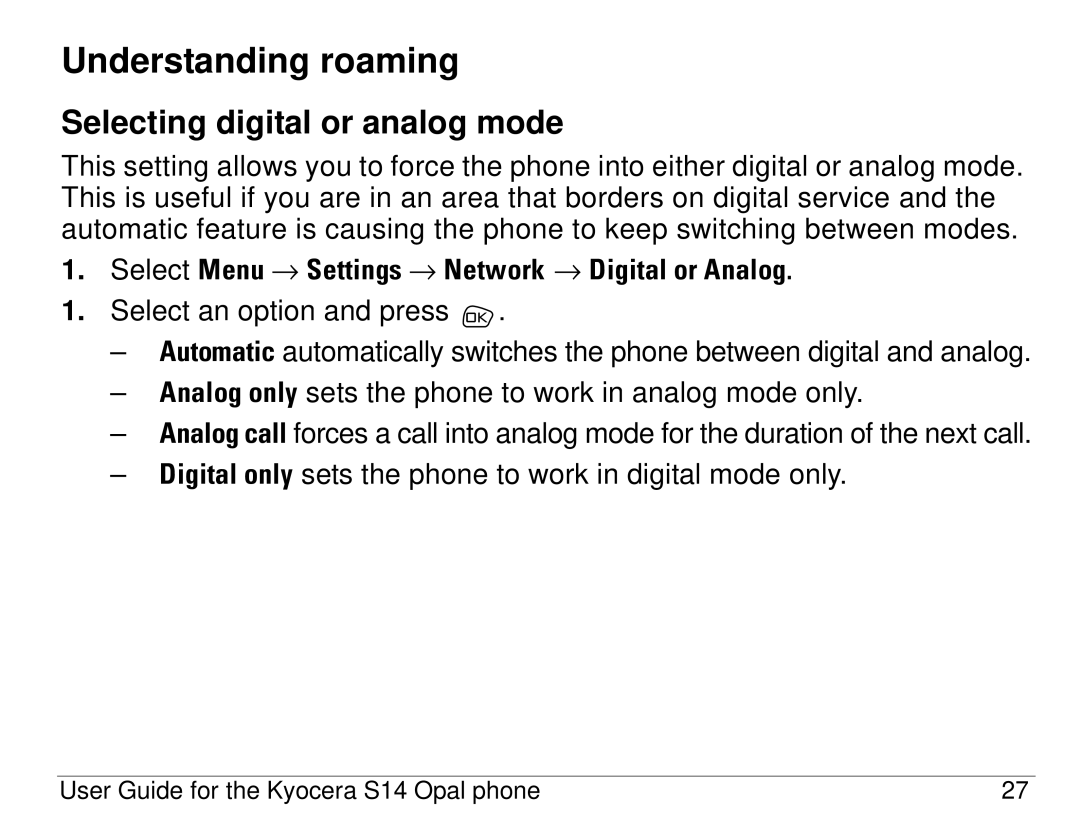 Kyocera S14 manual Understanding roaming, Selecting digital or analog mode 