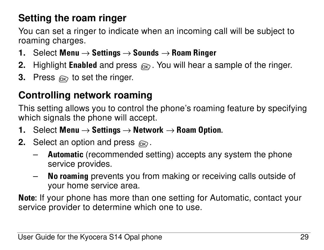 Kyocera S14 manual Setting the roam ringer, Controlling network roaming 