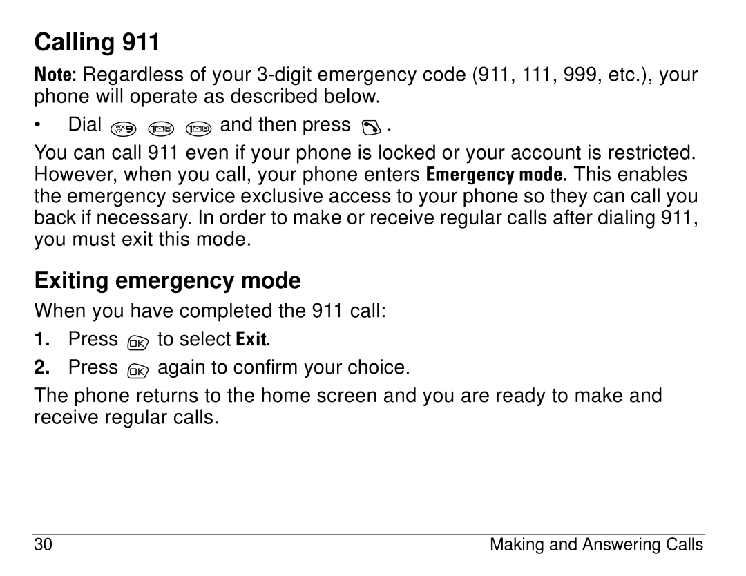 Kyocera S14 manual Calling, Exiting emergency mode 