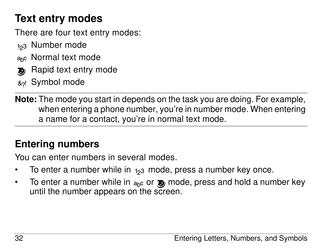 Kyocera S14 manual Text entry modes, Entering numbers 