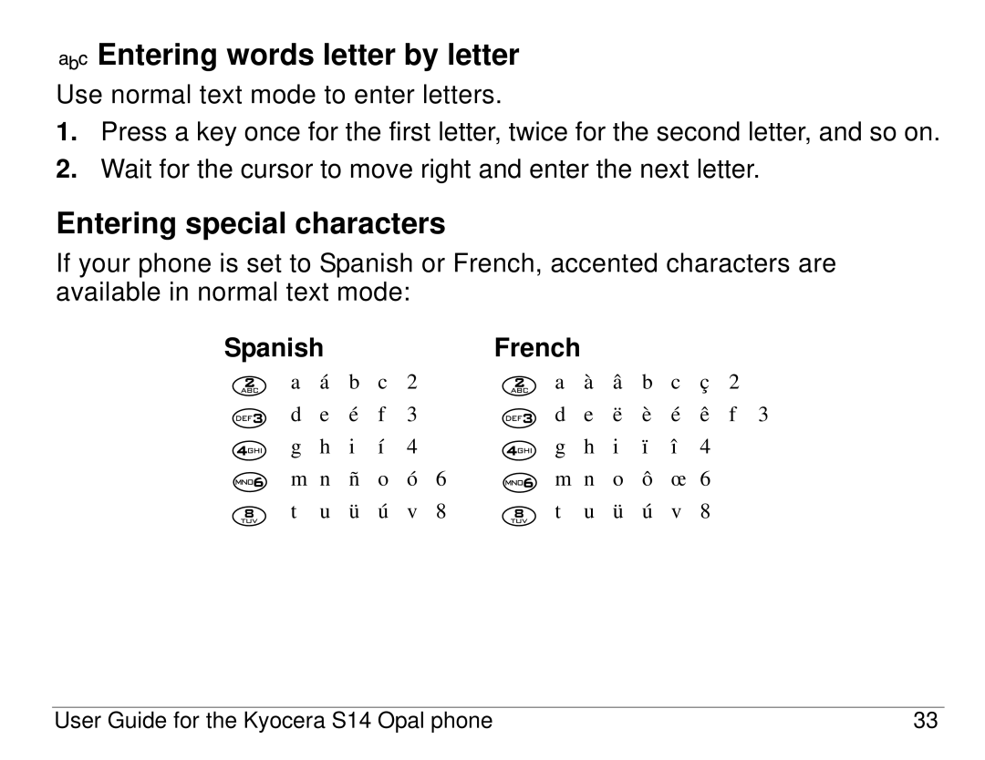 Kyocera S14 manual Entering words letter by letter, Entering special characters, SpanishFrench 