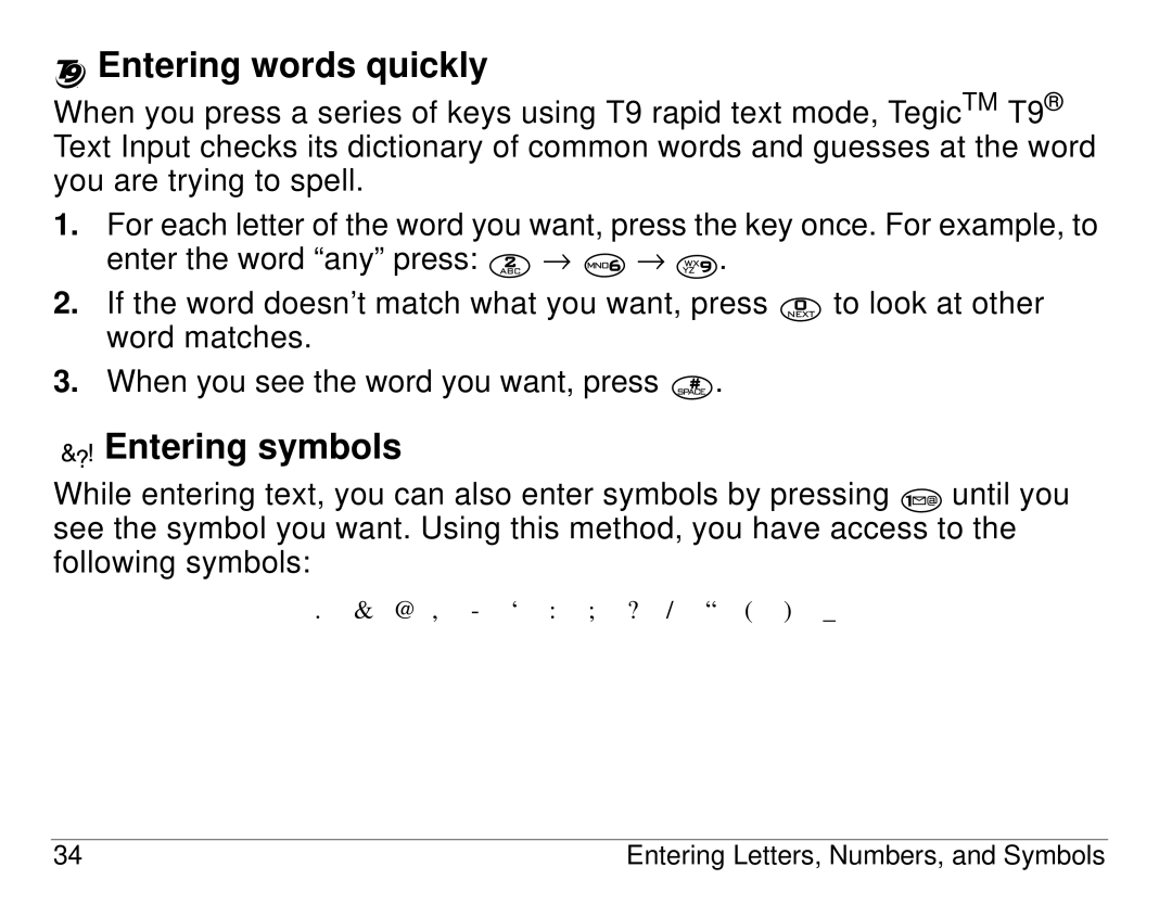 Kyocera S14 manual Entering words quickly, Entering symbols 