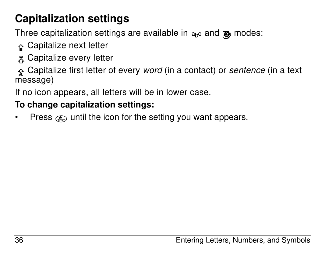 Kyocera S14 manual Capitalization settings, To change capitalization settings 