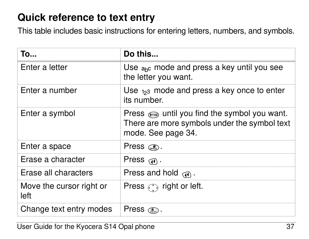 Kyocera S14 manual Quick reference to text entry, Do this 