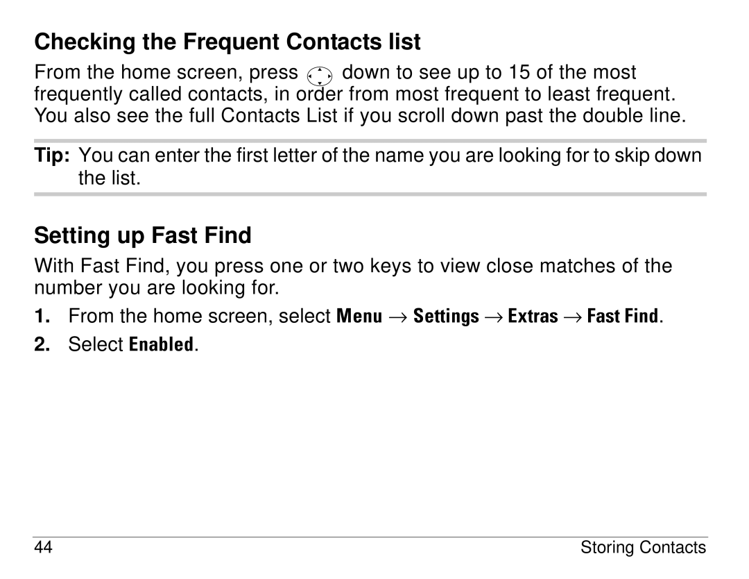 Kyocera S14 manual Checking the Frequent Contacts list, Setting up Fast Find 