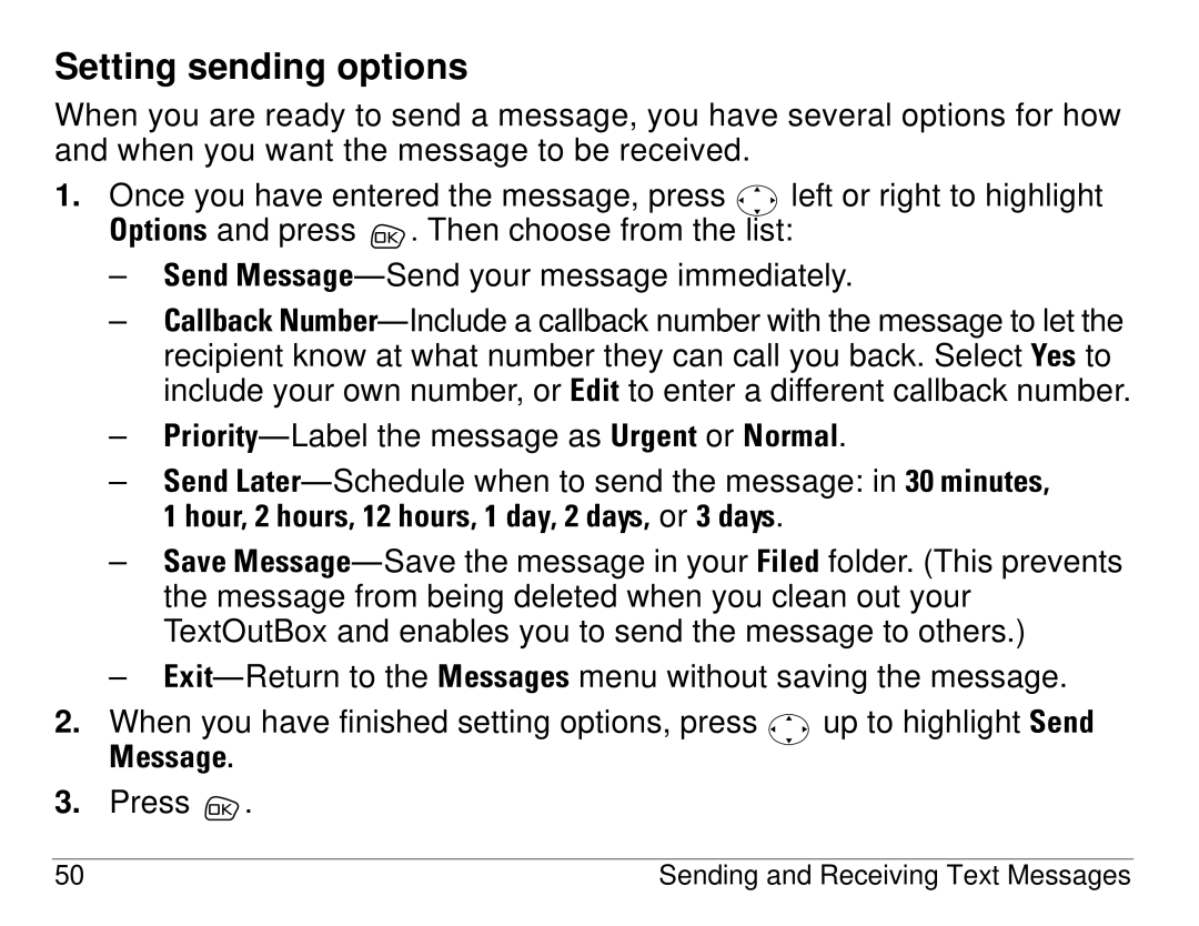 Kyocera S14 manual Setting sending options, MêáçêáíóÔLabel the message as rêÖÉåí or kçêã~ä 