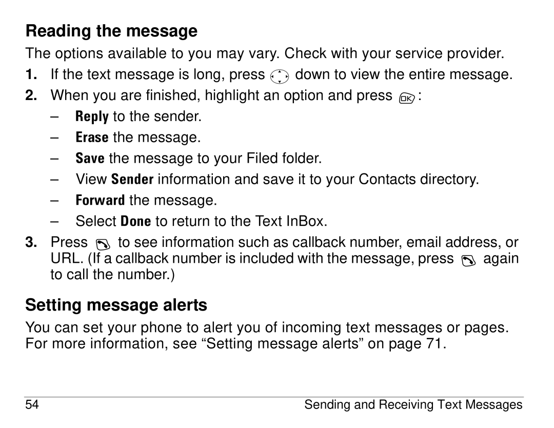 Kyocera S14 manual Reading the message, Setting message alerts 