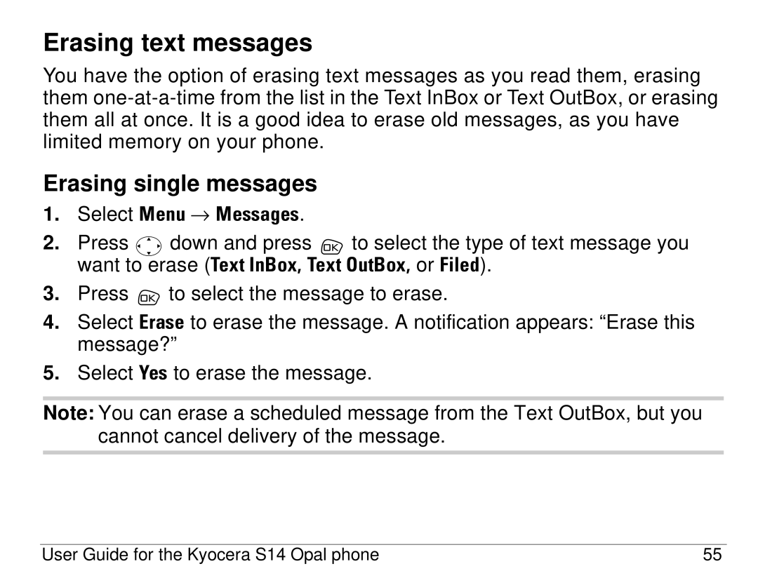 Kyocera S14 manual Erasing text messages, Erasing single messages 