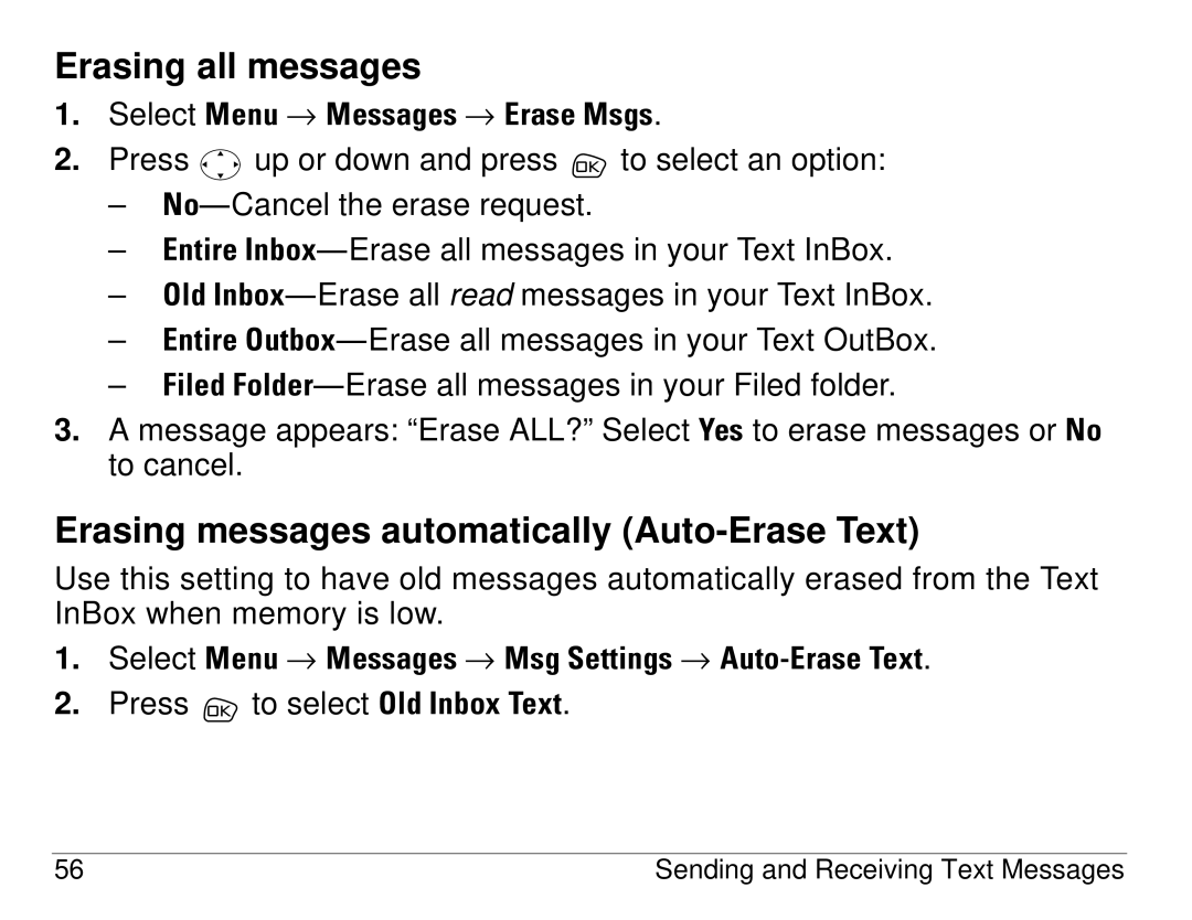 Kyocera S14 manual Erasing all messages, Erasing messages automatically Auto-Erase Text 