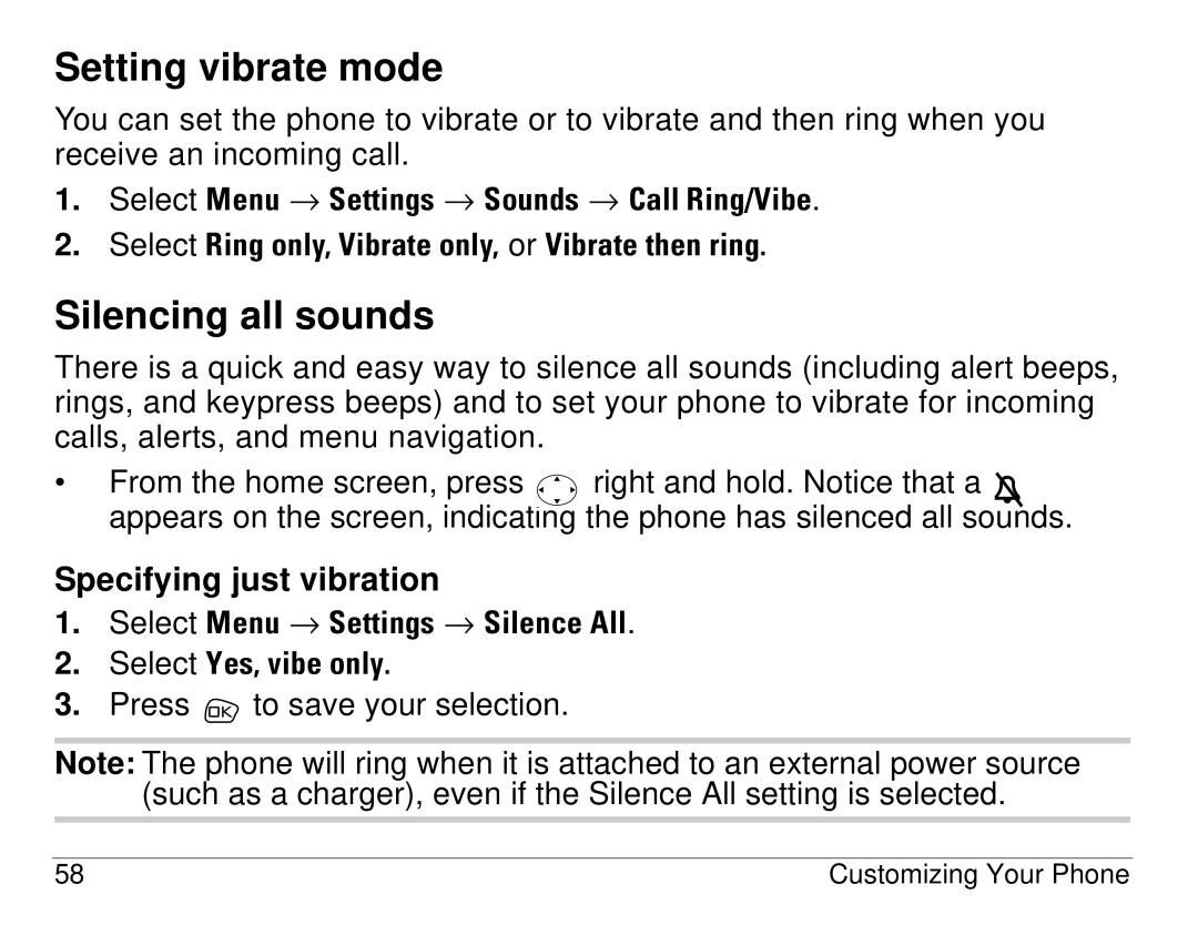 Kyocera S14 manual Setting vibrate mode, Silencing all sounds, Specifying just vibration 