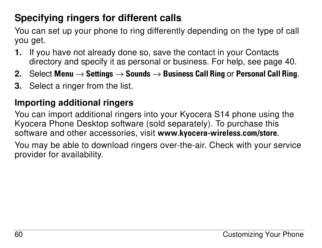 Kyocera S14 manual Specifying ringers for different calls, Importing additional ringers 