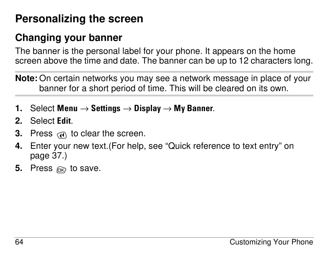 Kyocera S14 manual Personalizing the screen, Changing your banner 