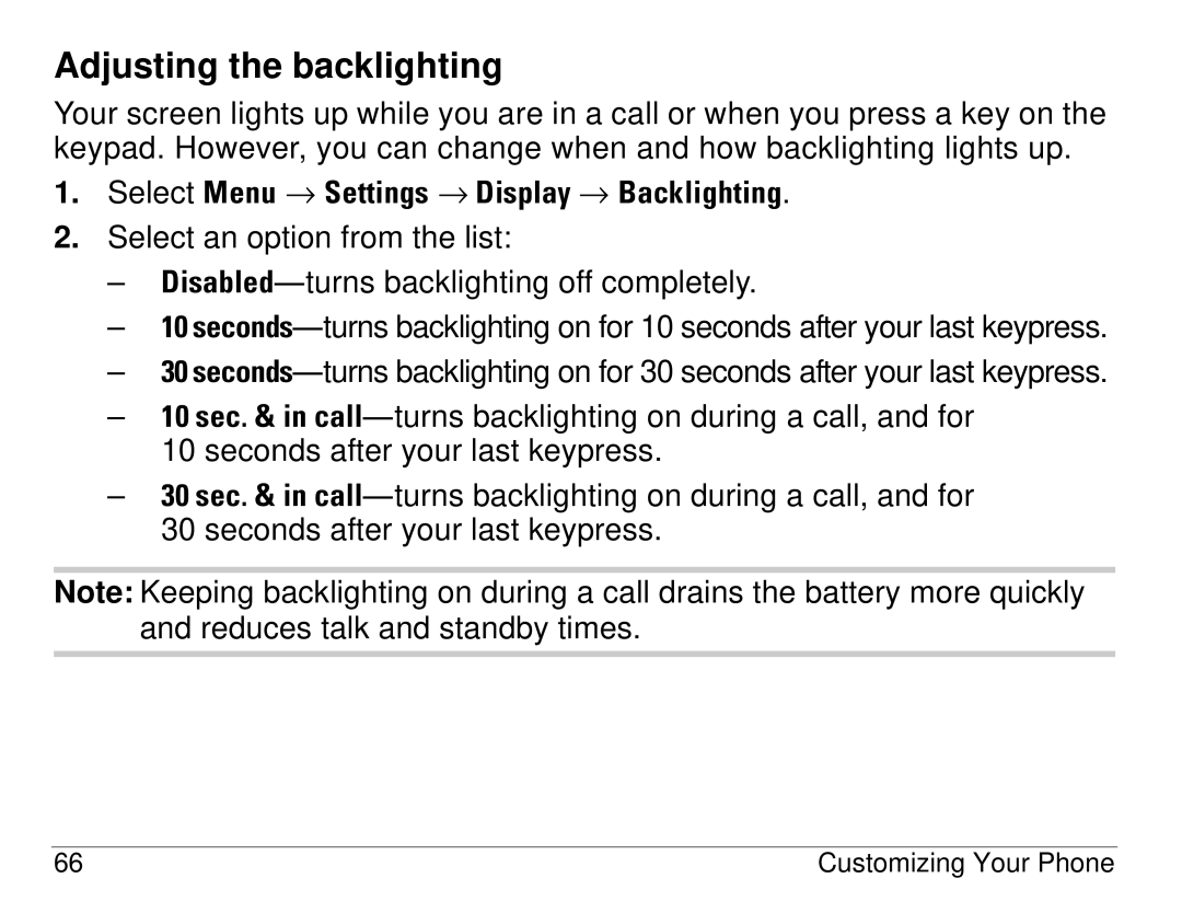 Kyocera S14 manual Adjusting the backlighting 