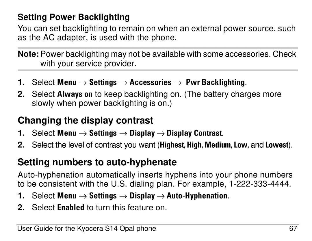 Kyocera S14 manual Changing the display contrast, Setting numbers to auto-hyphenate, Setting Power Backlighting 